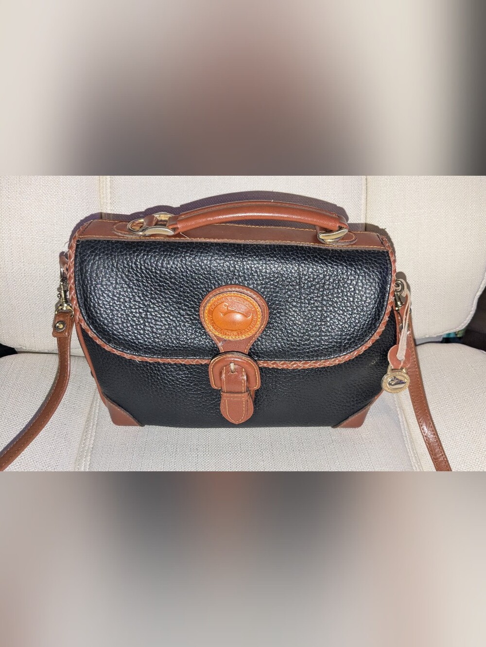 Dooney & Bourke Black Pebbled Leather Briefcase with Brown Trim